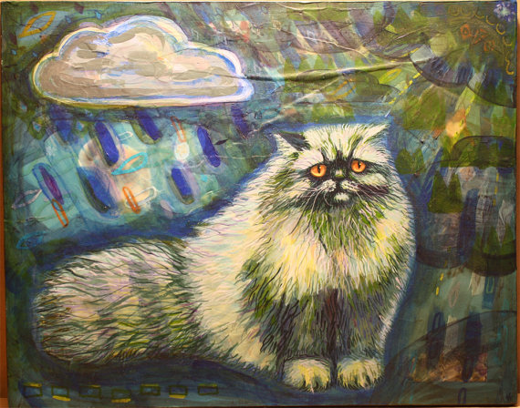 Persian cat original painting blue rain OOAK