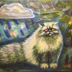 Persian cat original painting blue rain OOAK