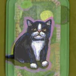 Black and white cat panel painting OOAK 