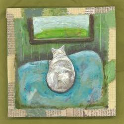 White cat loaf looking out window original painting on wood